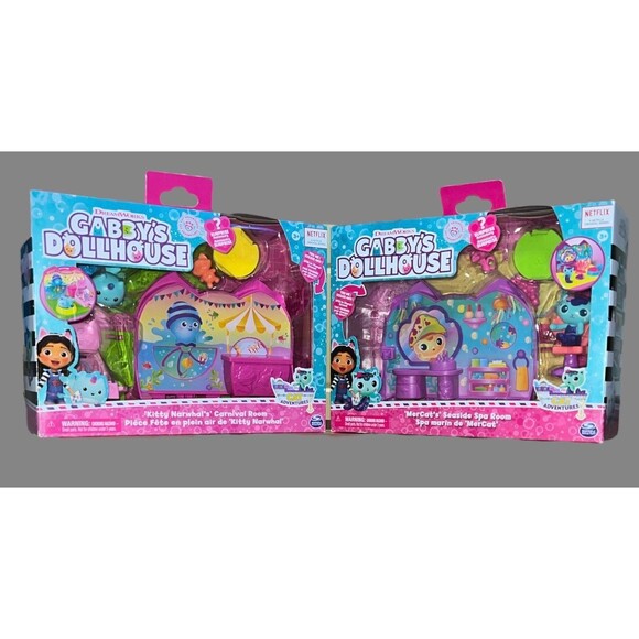 Gabby’s Dollhouse Mercat Seaside Spa & Kitty Narwhal Carnival Room Playset 2023 - Picture 1 of 5